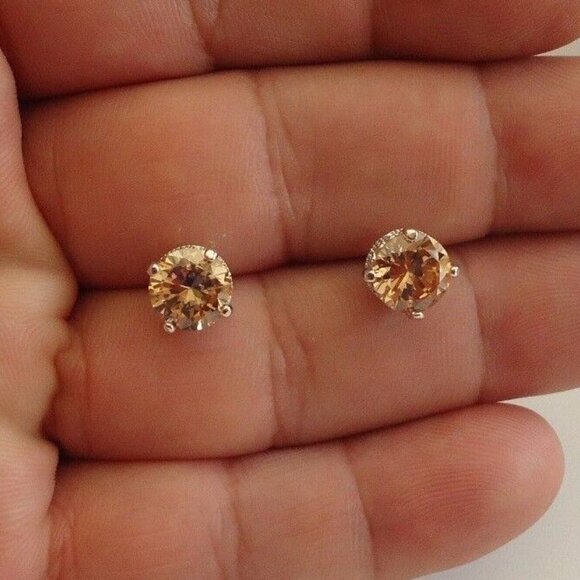 925 STERLING SILVER CHAMPAGNE STUD EARRINGS SIMULATED CHAMPAGNE DIAMONDS/8MM - Picture 3 of 10